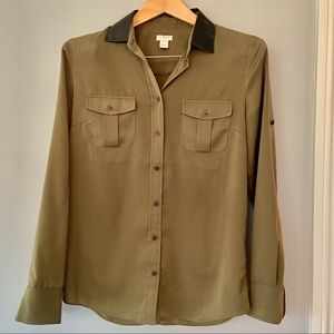 J Crew olive green soft silky shirt with leather collar
